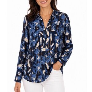NIC+ZOE Blue Abstract Floral Striped Blouse Long Sleeve Women S Office Chic